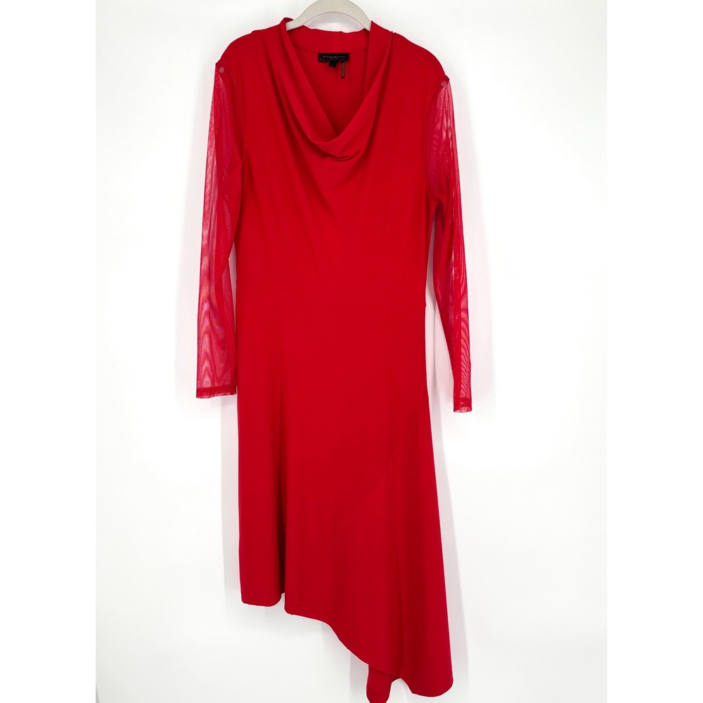 Donna Karan Red Asymmetric Mesh Sleeve Cowl Neck Midi Dress Sz M Sexy Flowy